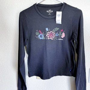 NEW Hollister Women Juniors Embroidered Floral L/S Tee S NWT